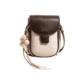 Mini canvas leather shoulder bag, brown and beige retro crossbody bag with cute daisy pendant. - Brown