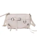 White motorcycle style cylinder shoulder bag with metal hardware and zippers for women. - White