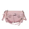 Stylish pink cylindrical shoulder bag with chic moto-inspired buckle and zipper details for daily use. - Pink