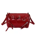 Red PU leather cylinder shoulder bag with cool motorcycle style zippers and metal buckles. - Red