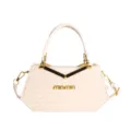 Borsa a mano geometrica bianca alla moda con elegante motivo chevron e dettagli metallici dorati. - Bianco
