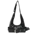 Black punk motorcycle shoulder bag for women, retro hobo purse with belt buckle detail. - Black