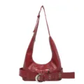 Red PU leather motorcycle shoulder bag with large metal buckle and zipper pocket stylish. - Red