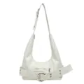 Retro white underarm shoulder bag with buckle strap, trendy motorcycle style hobo bag for women. - White