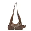 Brown retro PU leather hobo shoulder bag with cool metal buckle strap design for women. - Brown