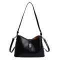 Black shoulder bag with metal lock closure, chic commuter crossbody bag for women. - Black