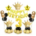 Set di palloncini di compleanno con grande corona e numero 3 palloncini foil per festa SKU - Set corona dorata media e numero 3 dorato