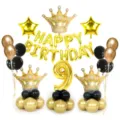 Set di palloncini di compleanno oro e nero con grande corona numero 9 e lettere decoro - Set corona dorata media e numero 9 dorato