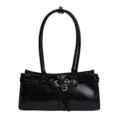 Borsa a spalla in pelle verniciata nera borsa sottobraccio retrò con fibbie metalliche e cinghie. - Nero