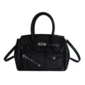 Black leather handbag with turn-lock closure, front zipper pocket, stylish women commuter bag. - Black