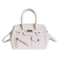 Elegant cream leather handbag with unique front pocket and chic metal lock for women. - White