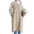 Tablier long en coton et lin style japonais avec poches, idéal pour cuisine et travail. - Jaune
