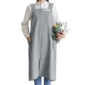 Tablier long minimaliste en coton et lin de style japonais en gris avec des poches. - Gris