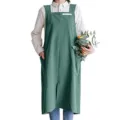 Japanese style cotton linen cross back apron long green kitchen florist work dress pinafore. - Green