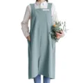 Japanese style literary cotton linen long apron for kitchen and flower shop workwear - Light Blue