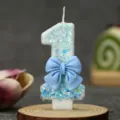 Blue glitter number 1 birthday candle with cute bow cake topper for kids first party decor - Blue Bow Candle Number 1