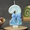 Blue bow number 2 birthday candle, glitter party cake decoration for baby shower. - Blue Bow Candle 2