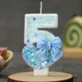 Blue glitter number 5 birthday candle with cute bow cake topper for kids party celebration decor - Blue Bow Candle 5