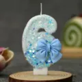 Blue glitter number 6 birthday candle with cute bow for cake decoration party supplies. - Blue Bow Candle 6