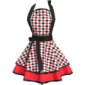 Vintage retro halterneck diamond patterned women apron dress with bow and ruffled hem. - Square Red + Black Strap