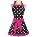 Vintage black and white polka dot apron with pink ruffles and large bow for women cooking baking - Black Polka Dots + Rose Red Strap