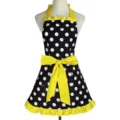 Retro black white polka dot apron with yellow bow and ruffle hem for women waitresses. - Black Polka Dots + Yellow Strap