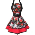 Retro Gothic skull and red rose print apron with ruffled hem and halter neck for women. - Printed Pattern + Black Strap