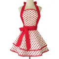 Retro polka dot apron with halter neck and bow for women, sweet maid style cooking bib. - White Polka Dots + Red Strap