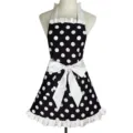 Retro black white polka dot apron with halter neck, large bow and ruffles for women cooking. - Black Polka Dots + White Strap