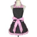 Vintage Black Polka Dot Apron with Pink Ruffles Big Bow Maid Kitchen Cooking Work Apron - Black Polka Dots + Pink Strap