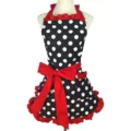 Vintage black white polka dot apron with red bow and ruffles for women maid waitresses work. - Black Polka Dots + Red Strap