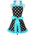 Black and white polka dot retro kitchen apron featuring bright blue ruffles and a big bow. - Black Polka Dots + Blue Strap