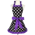 Vintage black white polka dot apron with purple bow ruffle maid kitchen cooking workwear dress - Black Polka Dots + Purple Strap