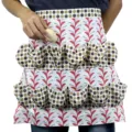 Delantal de recolección de huevos de lona con múltiples bolsillos y patrón de lunares. - Hojas Finas Bolsillos de Dos Filas