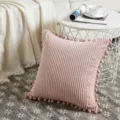 Pink corduroy throw pillow cover with pom pom fringe cute decorative cushion for sofa bed - Nude Pink