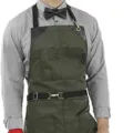 Professional cross-back canvas work apron with multiple pockets and durable leather details. - Army Green