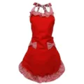 Red plaid halter apron with ruffles, cute bows and double layer hem for cooking and baking. - Polyester Red with Red Bow