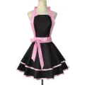 Black and pink fashion cute ruffle apron dress with adjustable halter neck and big bow. - Polyester Black & Pink