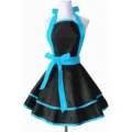 Black and blue halter apron with double layer ruffles and cute bow design for kitchen cooking. - Polyester Black & Blue