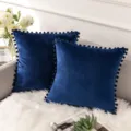 Dunkelblauer Samtkissenbezug mit Pompon Kante fuer gemütliche Wohnzimmer Sofa Dekoration - Marineblau