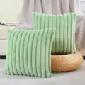 Detailed shot of soft light green faux rabbit fur striped throw pillow in cozy home setting. - 45x45cm (Pillow Cover) / Matcha Green