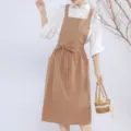 Japanese style cotton linen apron with pockets and waist tie for kitchen baking floral work - Khaki
