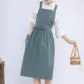 Japanese Cotton Linen Apron Dark Green Variant for Baking Floral Painting with Practical Pockets - Blue
