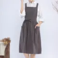Japanese style cotton linen apron dark grey variant for kitchen baking floral painting - Dark Gray