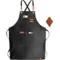 Heavy duty canvas work apron with leather straps and multiple pockets for kitchen garden. - Brown Leather & Black
