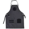 Dark grey canvas apron with PU leather pockets and straps for kitchen chef and hairdresser. - Black-Grey Patchwork with Black Leather