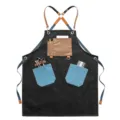 Vintage black canvas apron with brown leather straps and multi pockets for barista. - Black