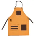 Canvas apron with PU leather pockets and straps, adjustable neck design for commercial use. - Yellow Patchwork with Coffee Leather