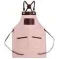 Tablier de travail en toile rose avec lanières en cuir marron pour café cuisine BBQ. - Rose avec cuir marron contrasté