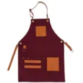 Canvas apron with PU leather pockets and straps, durable work apron for cooking, barber, cafe use - Wine Red Patchwork with Brown Leather